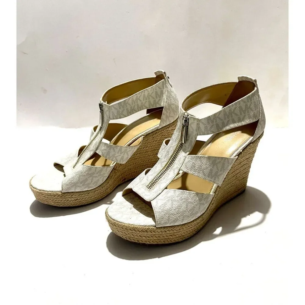 Michael Michael Kors espadrille wedges white gray logo zipper comfy women's 10.5